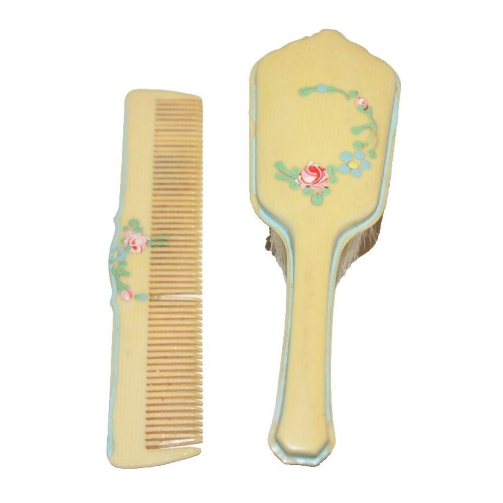 Vtg Baby Infant Celluloid‎ Comb & Brush Dresser Set hand painted floral